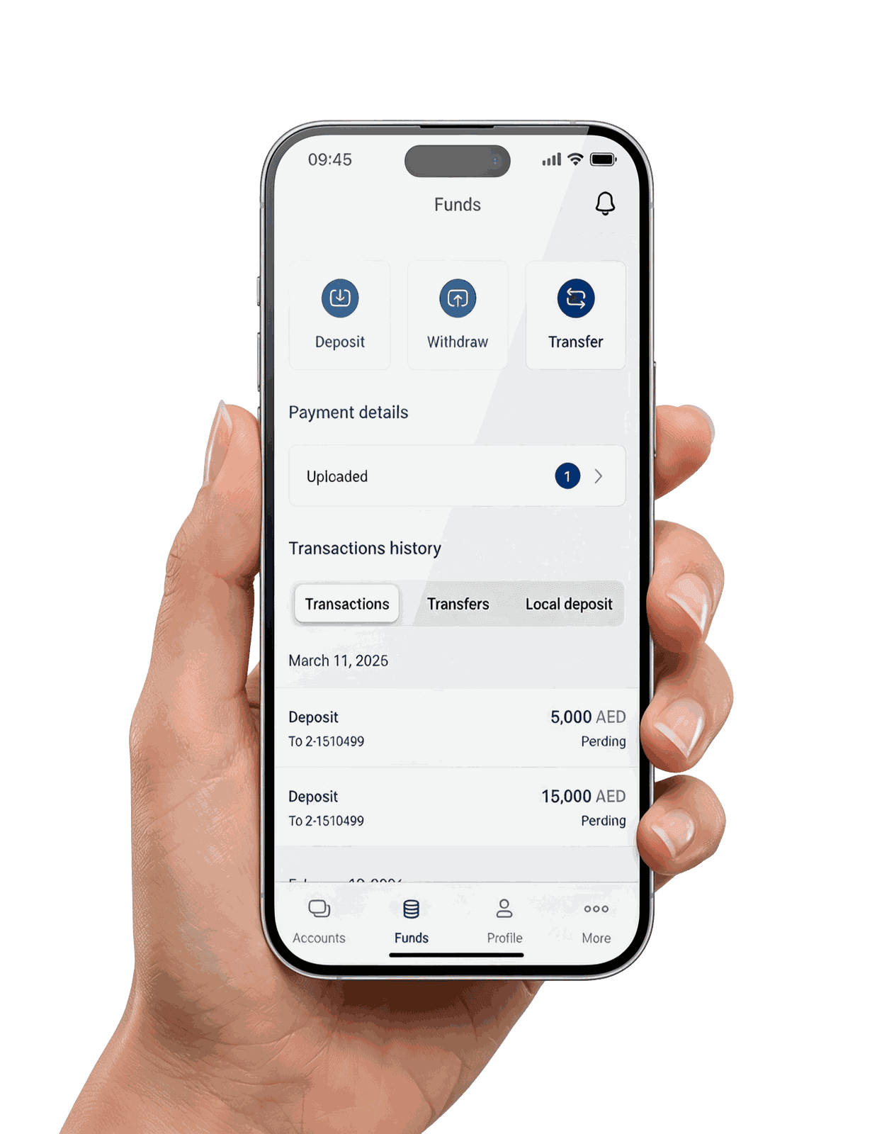 A hand holding a smartphone displaying the KIRA Financial mobile app funds interface for fast AED account deposits and withdrawals.