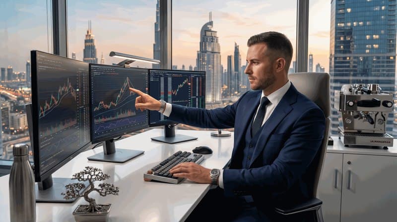 A professional trader sitting in a Dubai skyscraper office, analyzing live candlestick charts across a multi-monitor desktop setup.